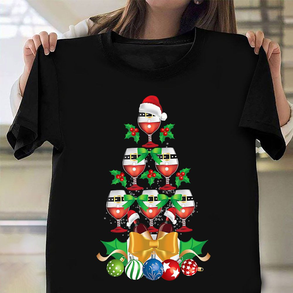 Christmas Tree Wine Glasses Xmas Ornaments Wine T-Shirt Christmas Tee Wine Enthusiast Gifts - Familyhavendecor 