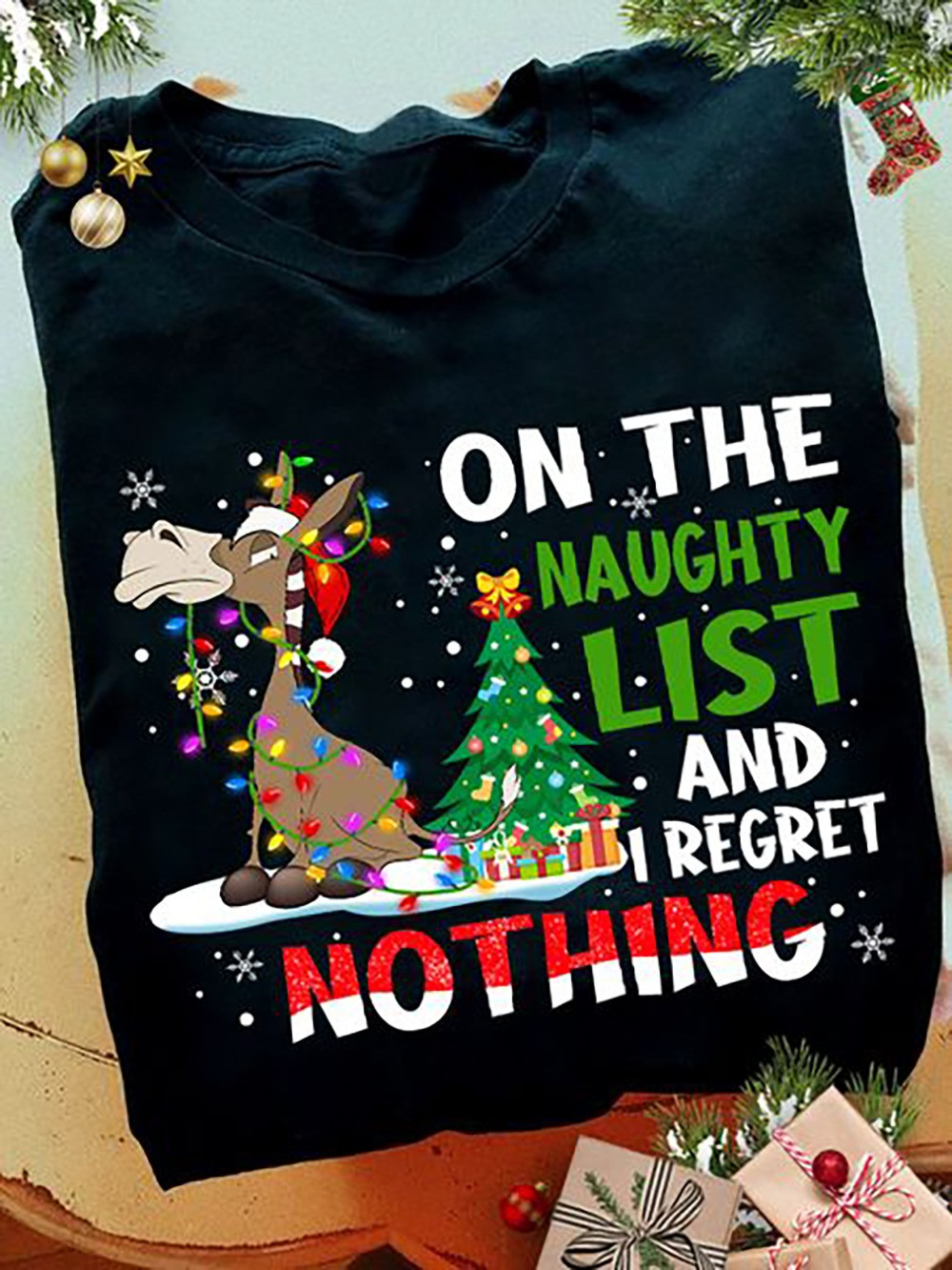 Donkey On The Naughty List I Regret Nothing Christmas Shirt Funny Xmas Shirts 2023 - Familyhavendecor 