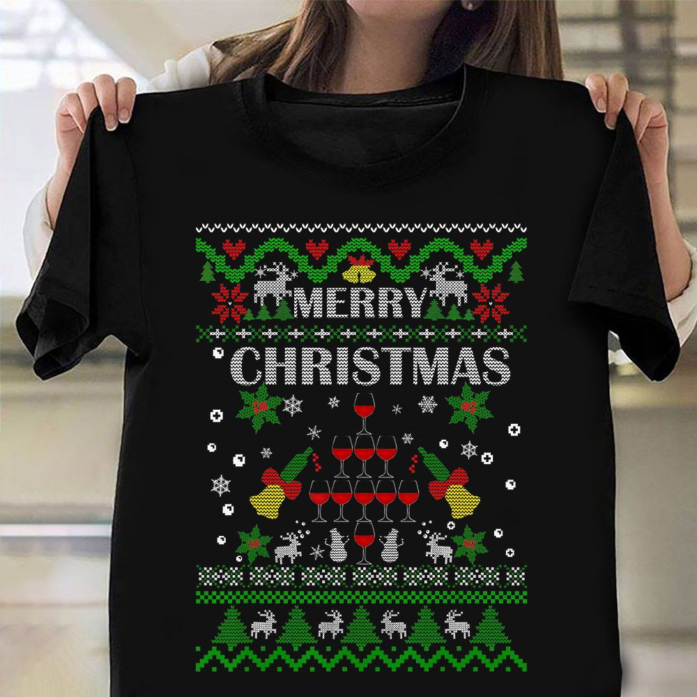 Merry Christmas T-Shirt Cool Ugly Christmas Sweater Womens Wine Shirts Hot Xmas Gifts 2021 - Familyhavendecor 