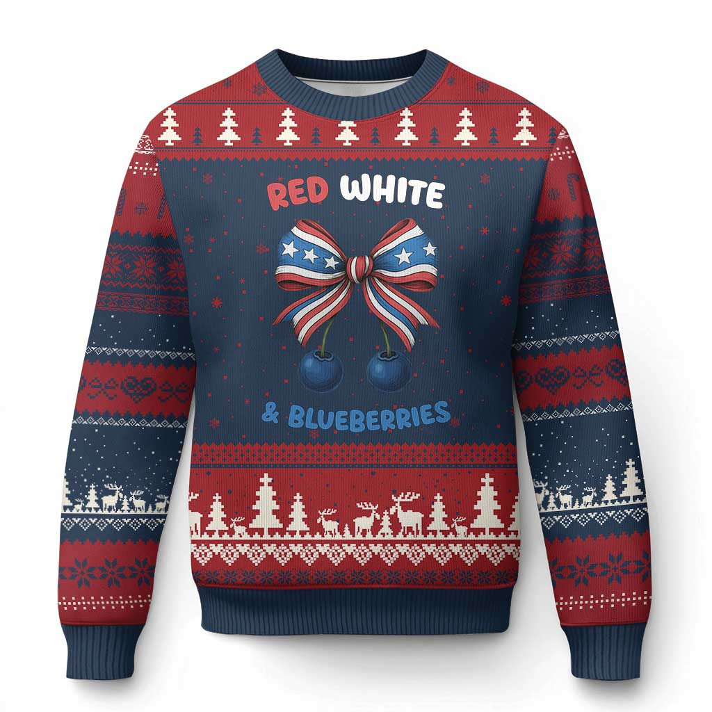 Red White And Blueberries Ugly Christmas Sweater Retro Coquette Bow Xmas Clothes – Familyhavendecor