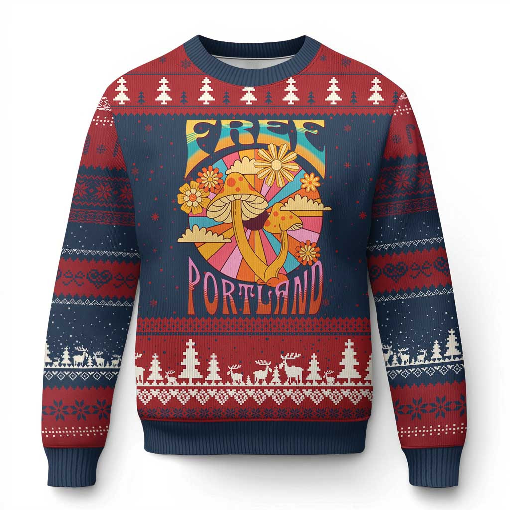 Retro Free Portland Patriotic Ugly Christmas Sweater Oregon Freedom Trippy 70s Mushroom Graphic Xmas Clothes – Familyhavendecor